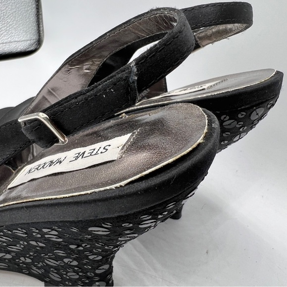 Steve Madden Shimer Black Slingback Buckle Sequin Peep Round Toe Wedge Heels - Picture 8 of 10
